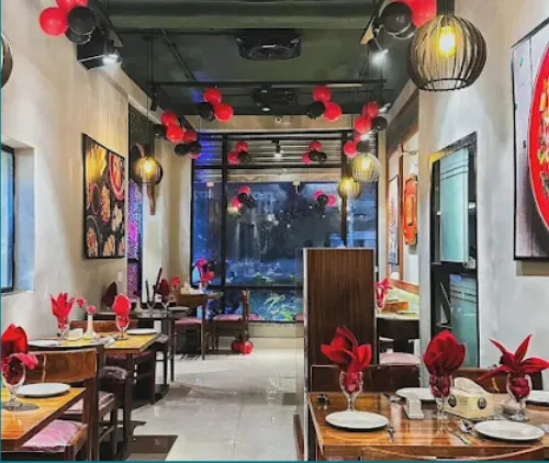 The dining room under hanging lanterns